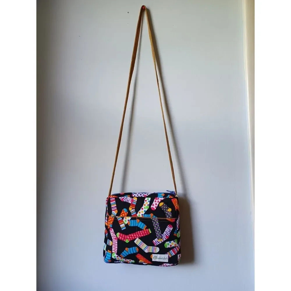 Tenderlily's Colorful Sock Print Crossbody Bag Black Fabric Shoulder Purse‎
